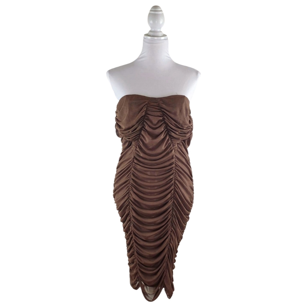 Fashion Nova Dress Brown Delanie Ruched Bodycon Midi Strapless Size XL 1X Women